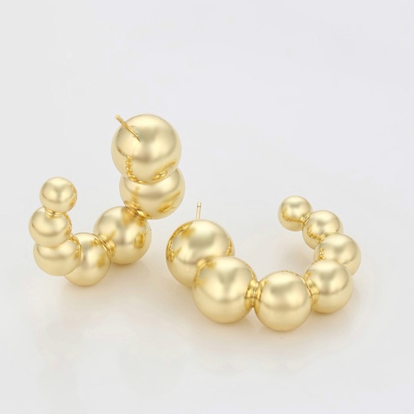 Ball Hoop Earrings | 14K Gold Plated Bead Hoops | Luxury Elegant Jewelry - Picture 3 of 12